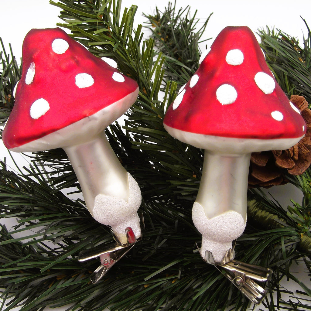 Festive Mushrooms Glass Tree Ornaments (Pair)