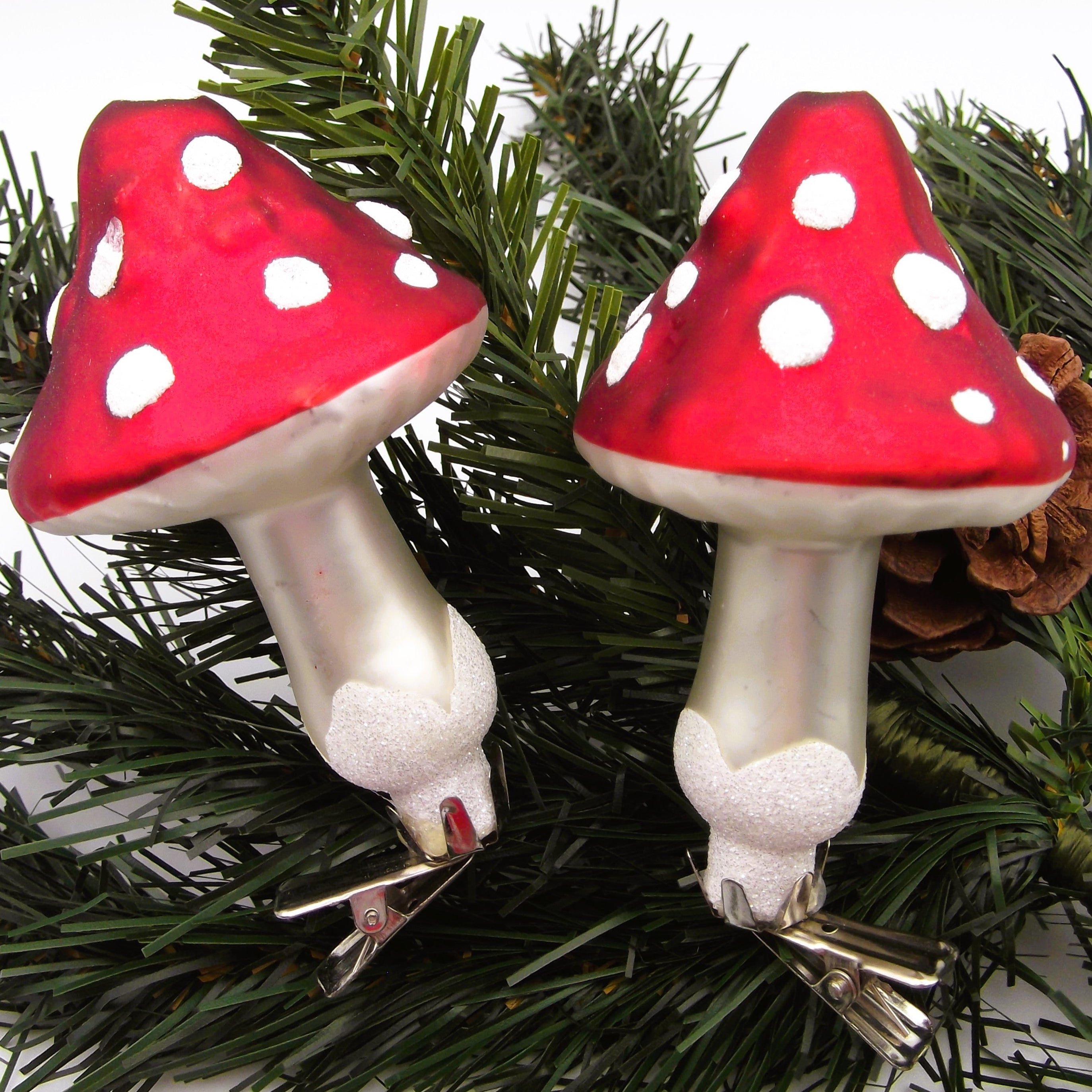 Festive Mushrooms Glass Tree Ornaments (Pair)