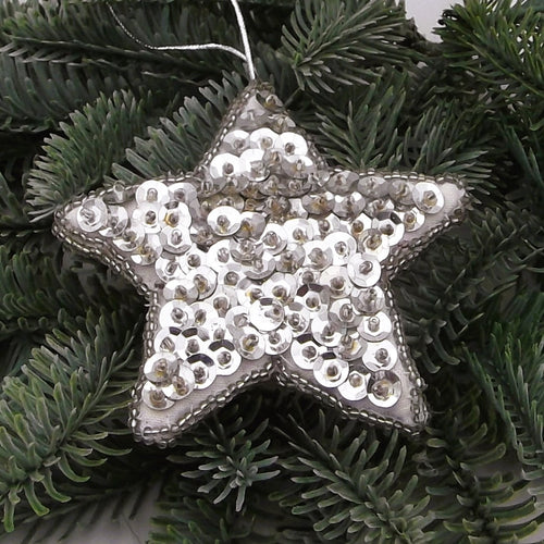 Vintage Beaded and sequin silver star Christmas tree decoration