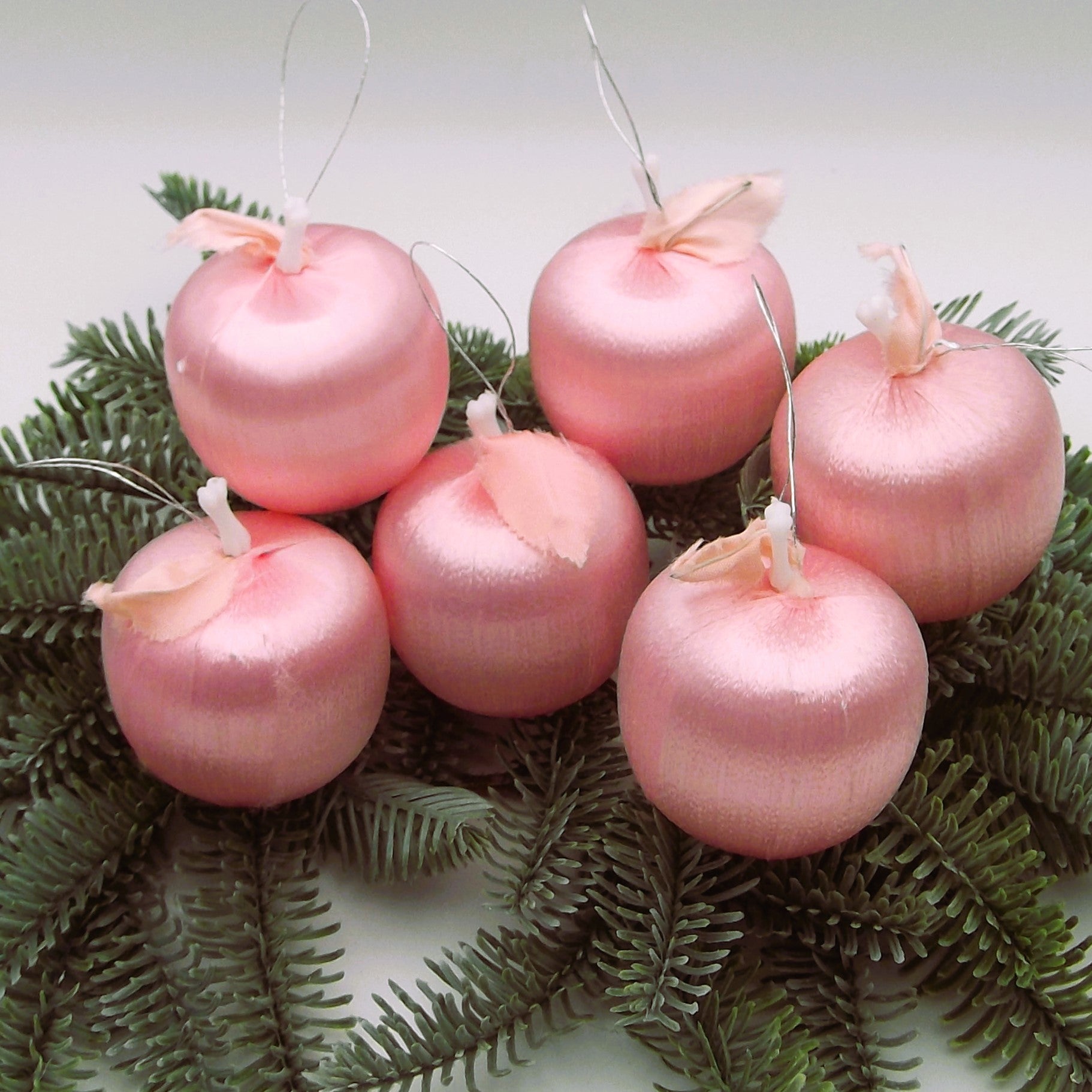 Vintage Satin-Wrapped Pink Christmas Ornaments in an apple design (six)