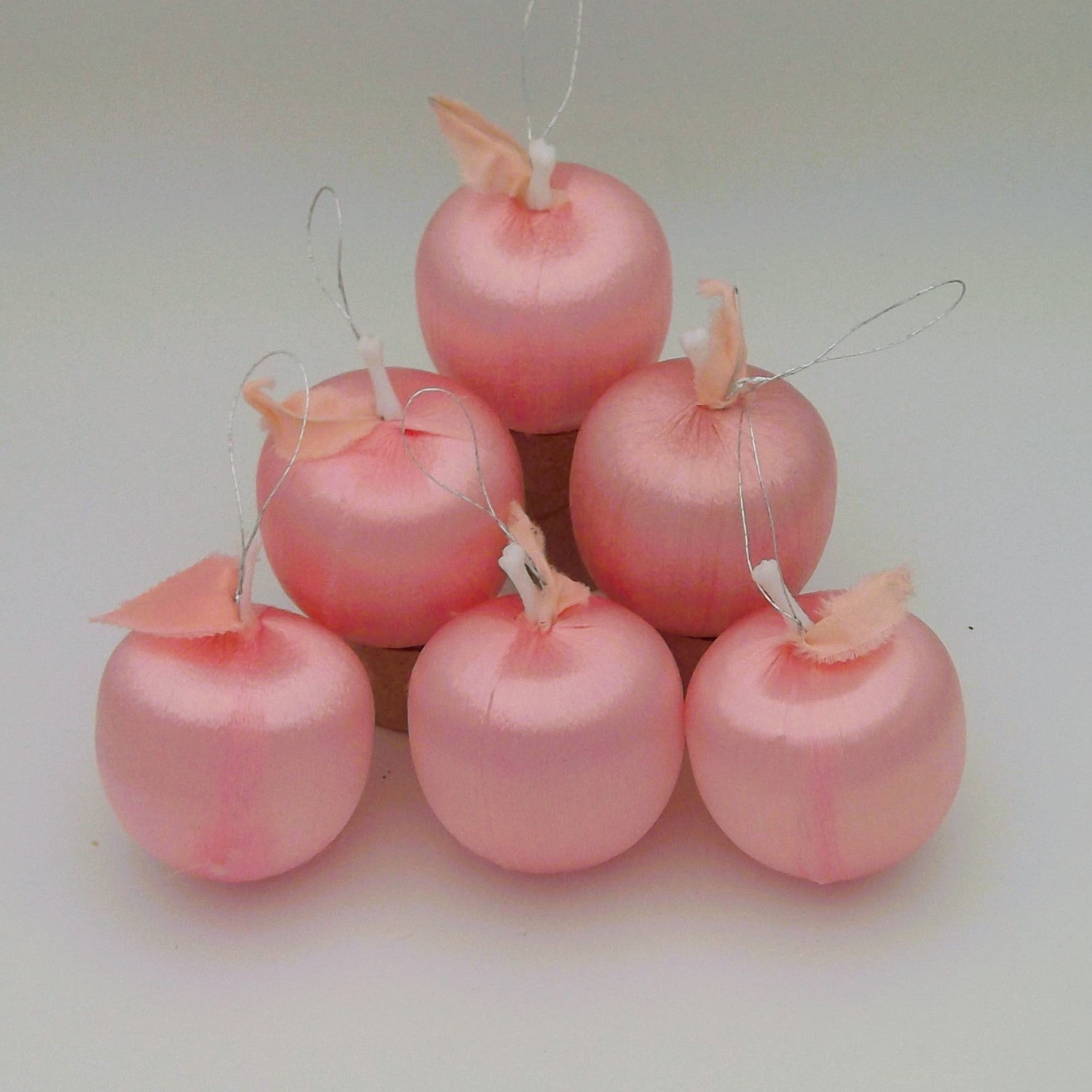 Vintage Satin-Wrapped Pink Christmas Ornaments in an apple design (six)