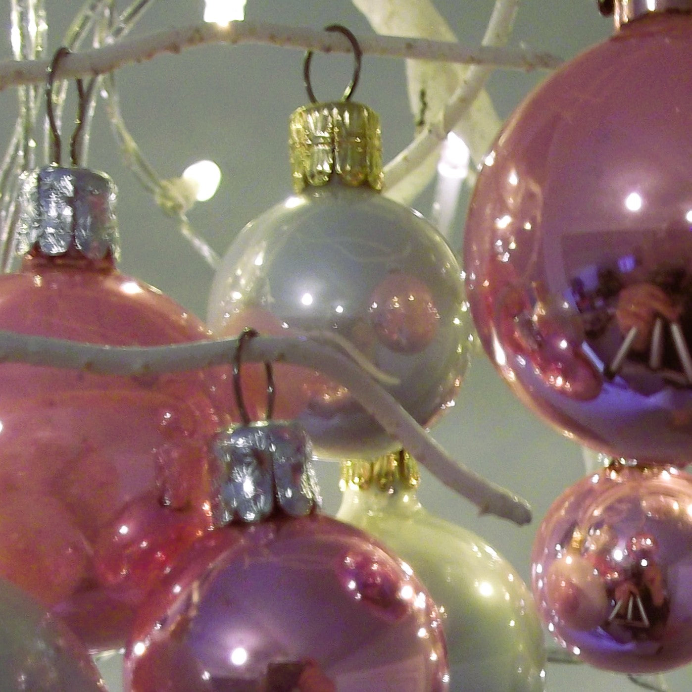 Vintage Boxed Set of Glass Christmas Tree Baubles in pink and white (set of fourteen)