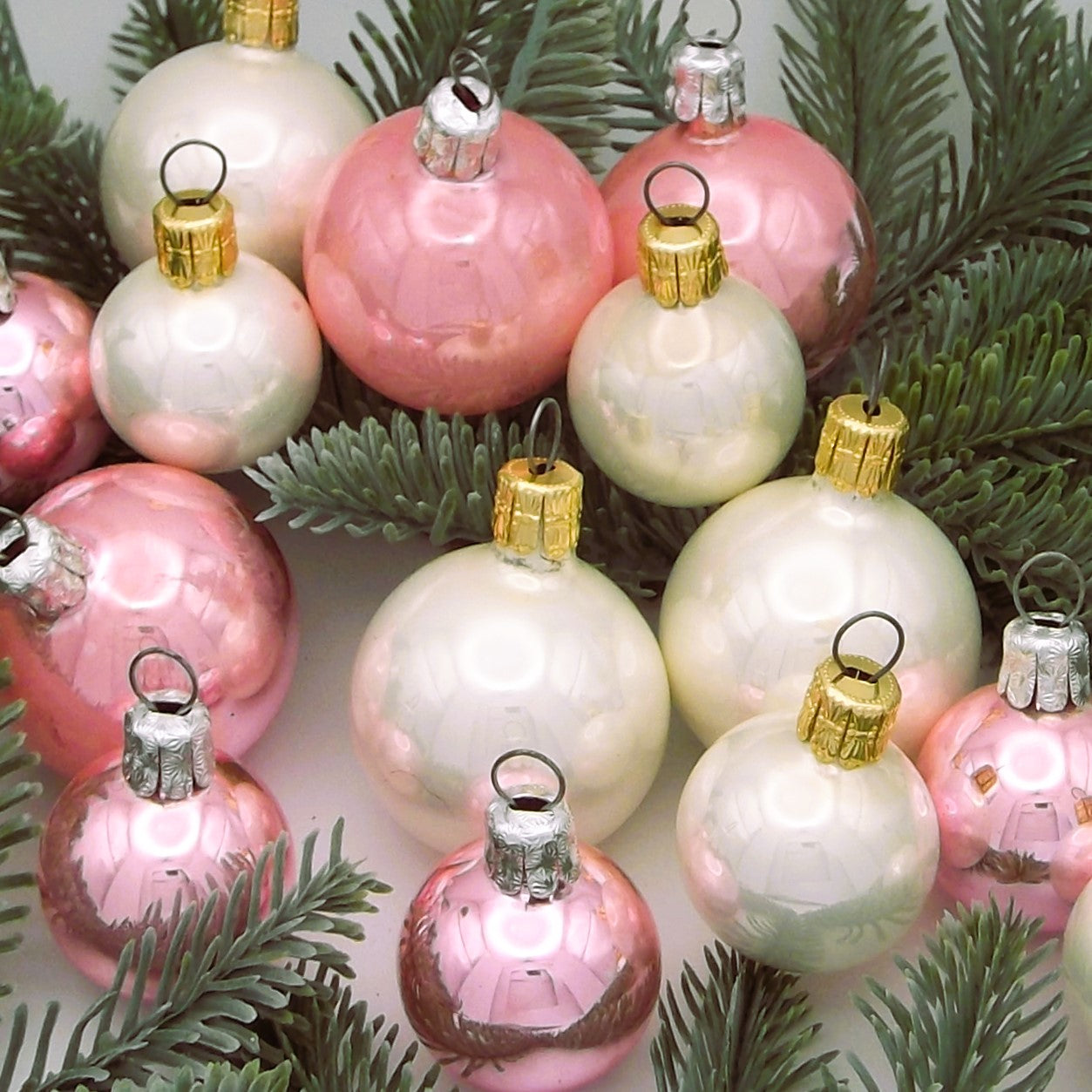 Vintage Boxed Set of Glass Christmas Tree Baubles in pink and white (set of fourteen)