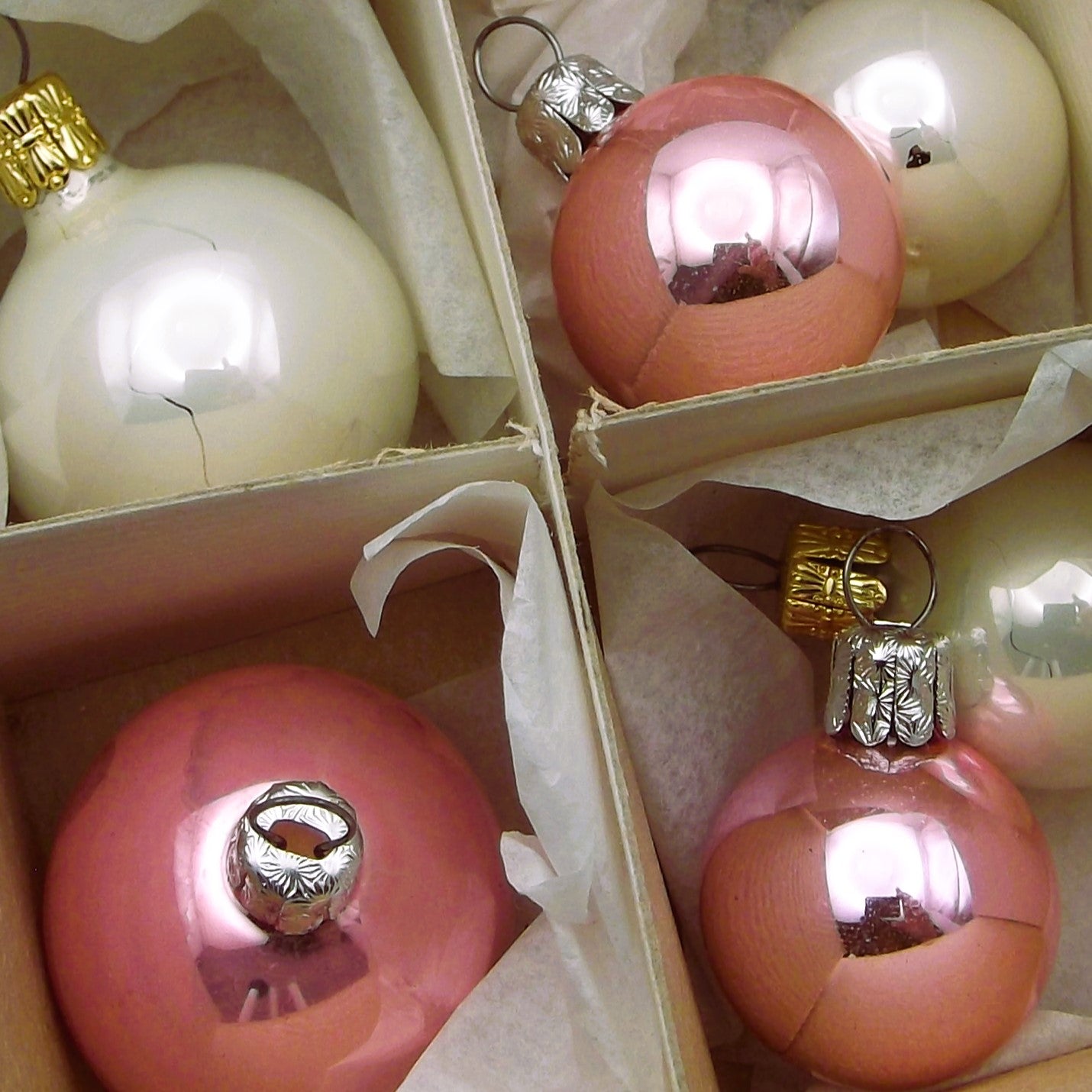 Vintage Boxed Set of Glass Christmas Tree Baubles in pink and white (set of fourteen)