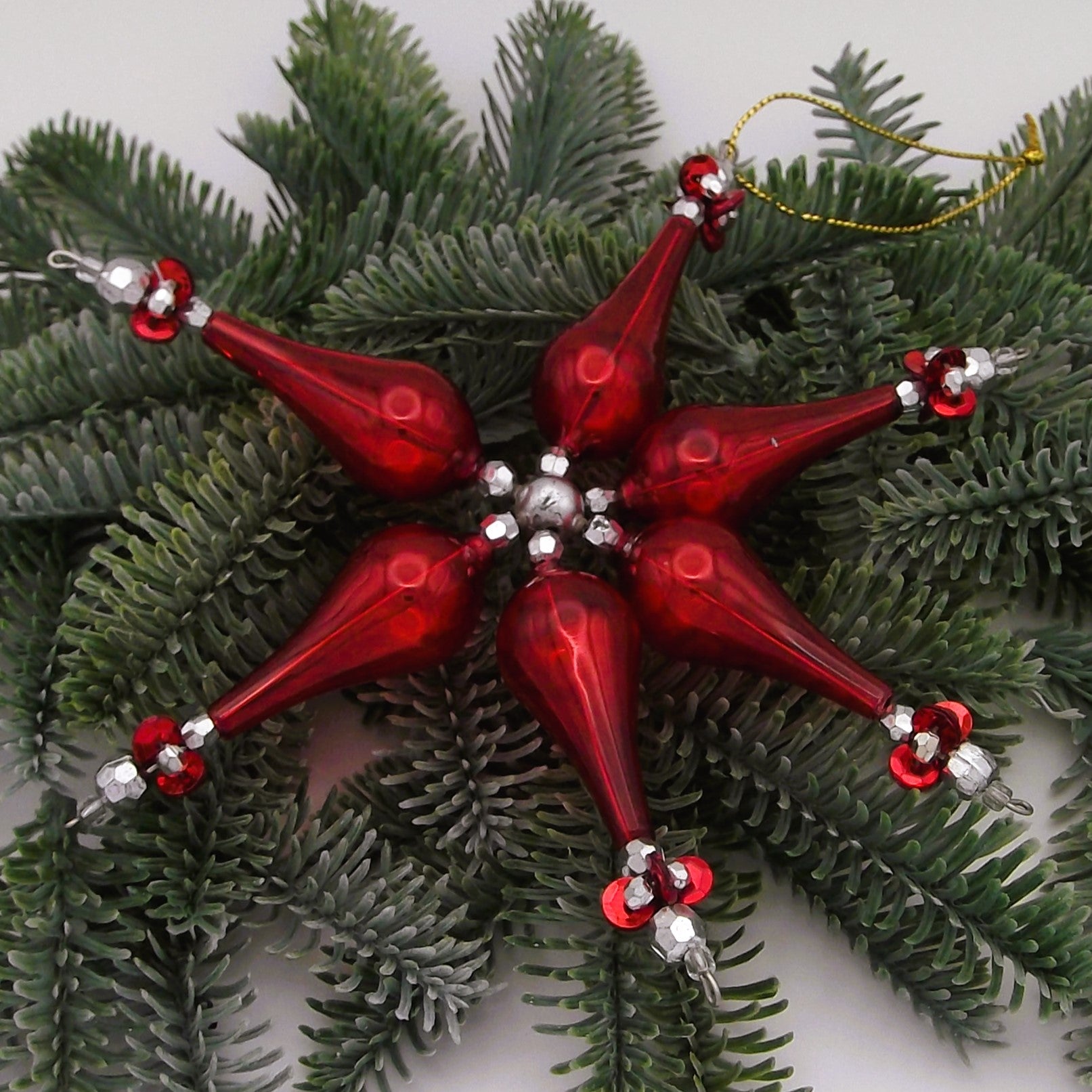 Vintage Red Glass Star and Bead Christmas Tree Ornament