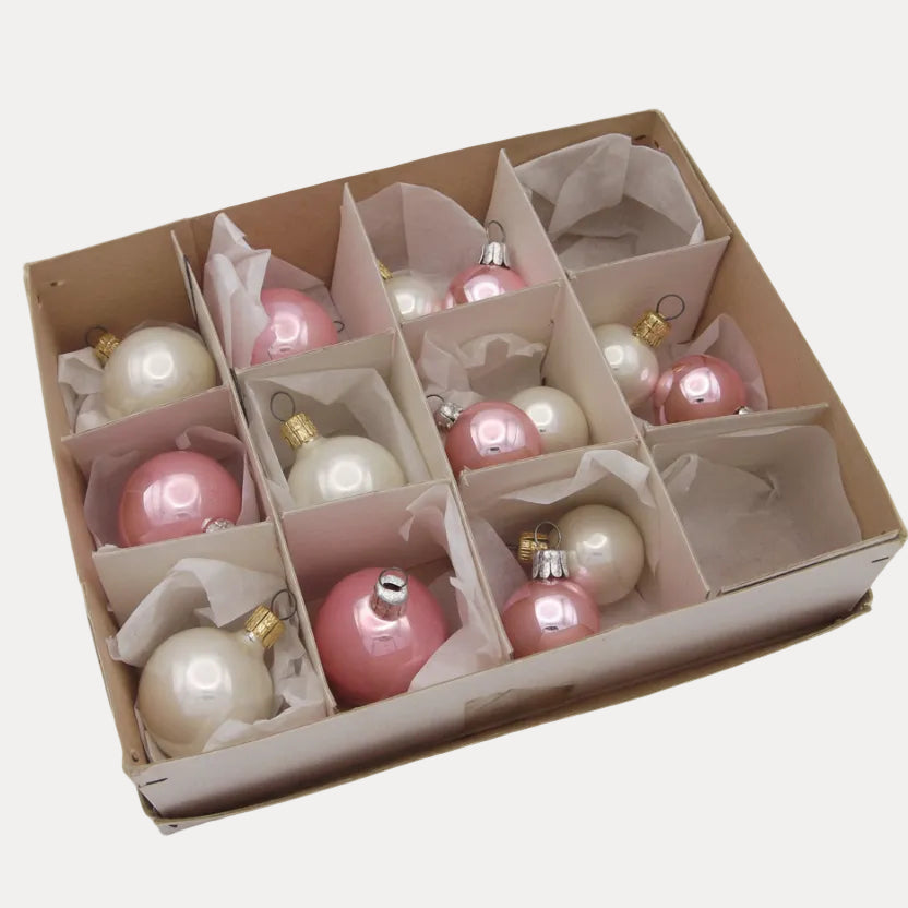 Vintage Boxed Set of Glass Christmas Tree Baubles in pink and white